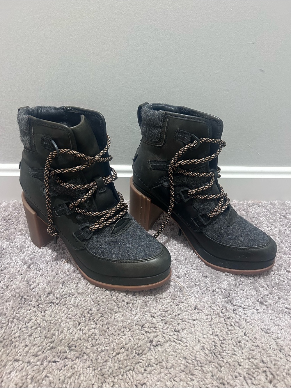 Sorel Black and Dark Gray Lace-Up Block Heel Ankle Boots